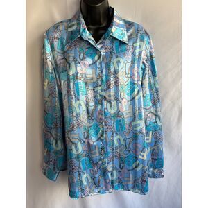 Vintage Klassy USA Light Blue Button Down Blouse Shirt Size L Equestrian Retro